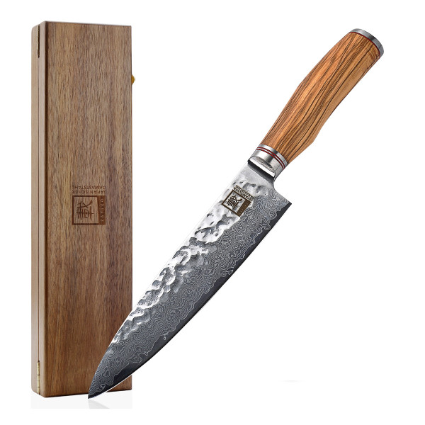 ZAYIKO Damastmesser "Olive Chefmesser" - 20cm Klinge - Griff: Olivenholz - VG-10 Stahlkern