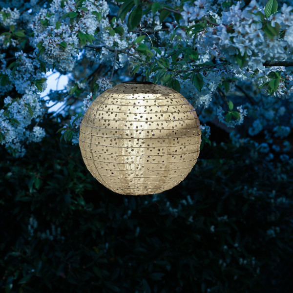 LED Solar Lampion - mit Blumenmuster - warmweiße LED - H: 25cm - D: 25cm - Lichtsensor - beige