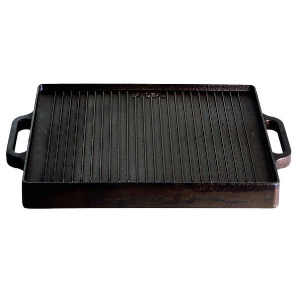 Plancha Grillplatte - mit 2 Griffen - Gusseisen - Wendeplatte geriffelt und glatt - 32 x 32cm