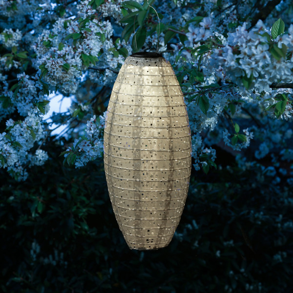LED Solar Lampion oval - mit Blumenmuster - warmweiße LED - H: 40cm - D: 20cm - Lichtsensor - beige
