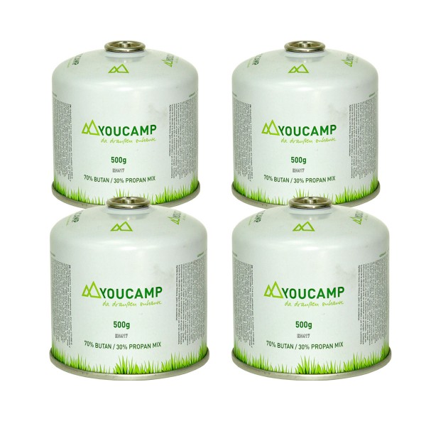 YOUCAMP 4x YC500 Ventil-Gas-Kartuschen (500g Butan-Propan-Gemisch) - EN417 Gewinde
