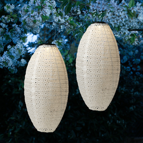 LED Solar Lampion oval - mit Blumenmuster - warmweiße LED - H: 38cm D:23cm - Sensor - weiß - 2 Stück