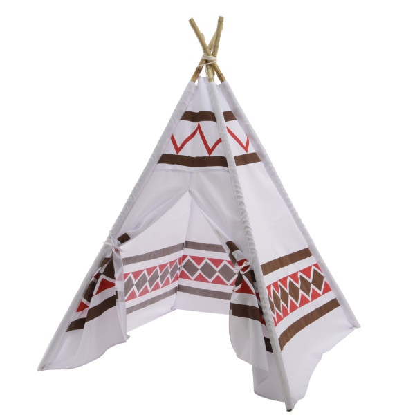 Spielzelt INDIA - Tipi Zelt für Kinder - Polyester - L: 1,20m - H: 1,55m - weiß, braun, rot